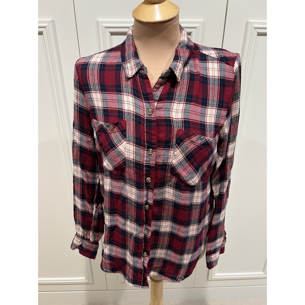 Lucky Brand Women's Plaid Flannel Button Up Shirt Size Medium Burgundy Navy